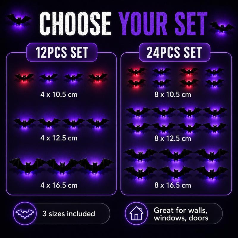 3D Bat Light LED Decorations, 12pcs/24pcs Halloween Spooky Ornaments