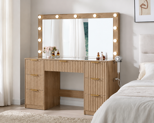 Amara Fluted Vanity Table with Hollywood Lights, Tempered Glass Top & 7 Drawers