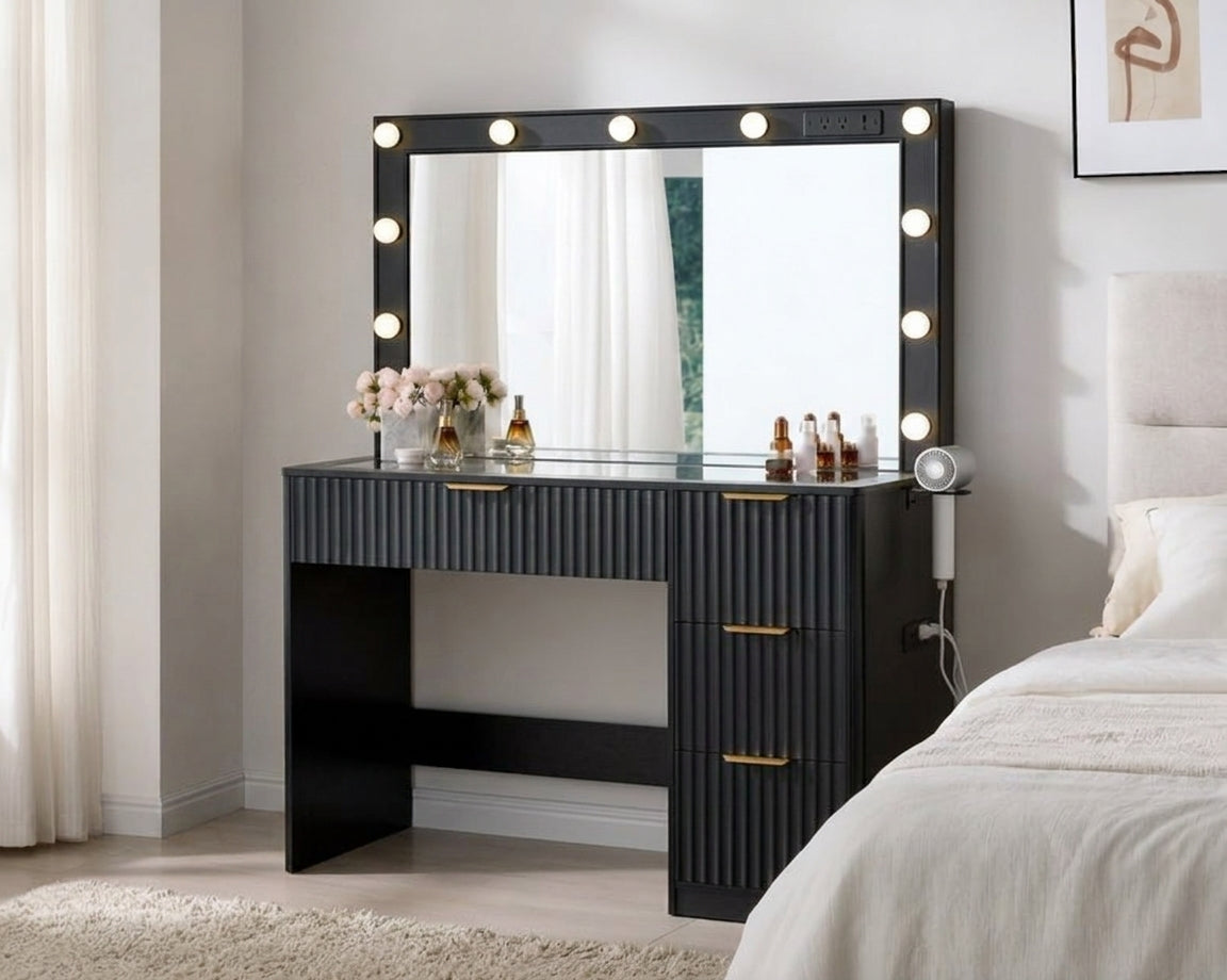 Amara Fluted Vanity Table with Hollywood Lights, Tempered Glass Top & 7 Drawers