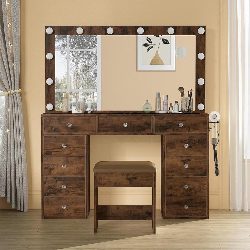 47"W 11 Drawer Vanity Desk with Power Outlet