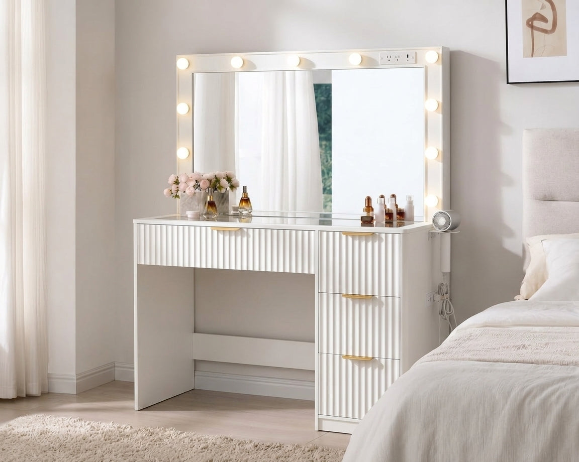 Amara Fluted Vanity Table with Hollywood Lights, Tempered Glass Top & 7 Drawers