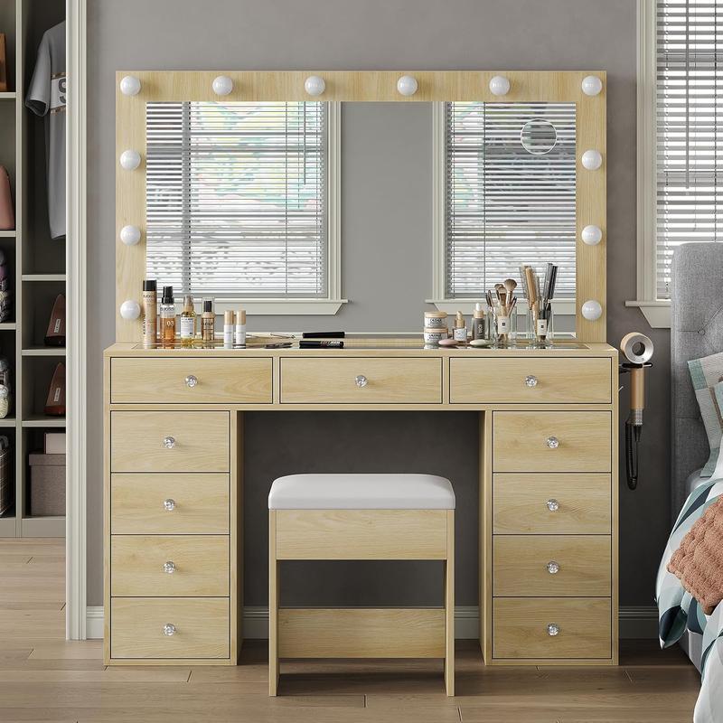 47"W 11 Drawer Vanity Desk with Power Outlet