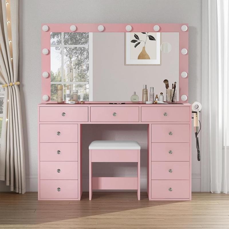 47"W 11 Drawer Vanity Desk with Power Outlet