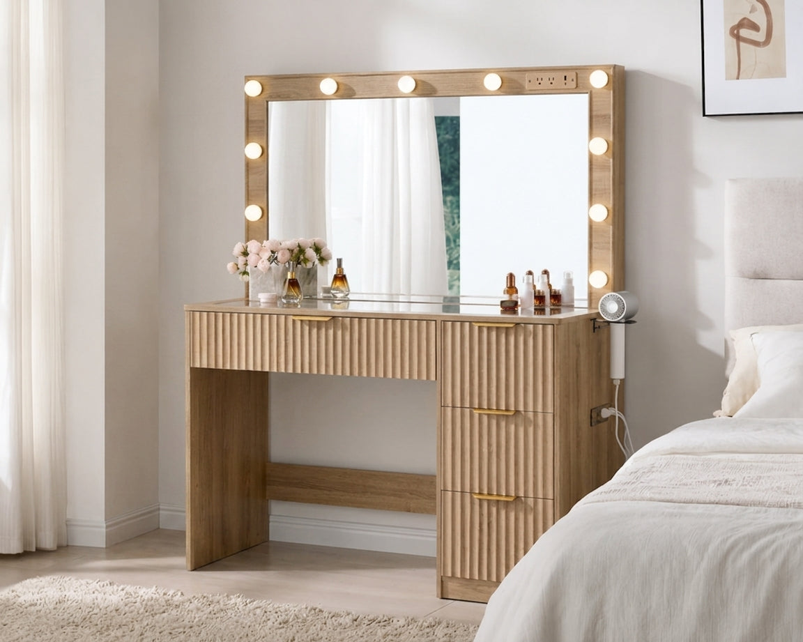 Amara Fluted Vanity Table with Hollywood Lights, Tempered Glass Top & 7 Drawers