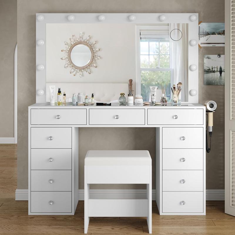 47"W 11 Drawer Vanity Desk with Power Outlet