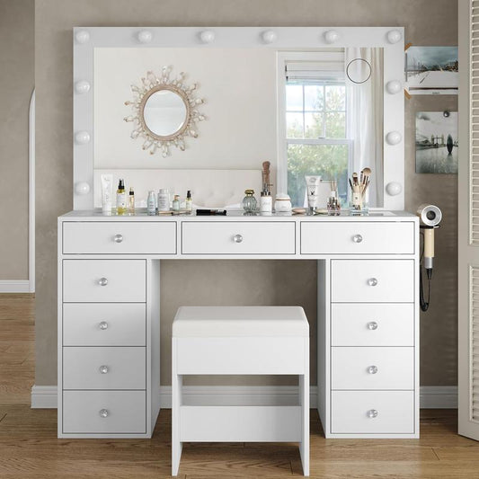47"W 11 Drawer Vanity Desk with Power Outlet