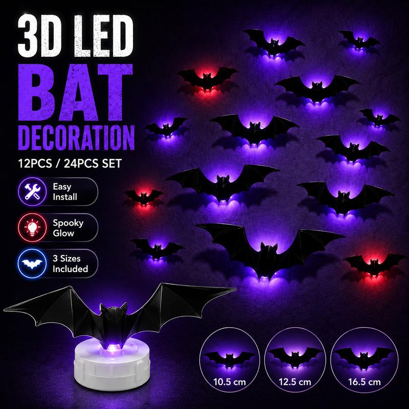 3D Bat Light LED Decorations, 12pcs/24pcs Halloween Spooky Ornaments