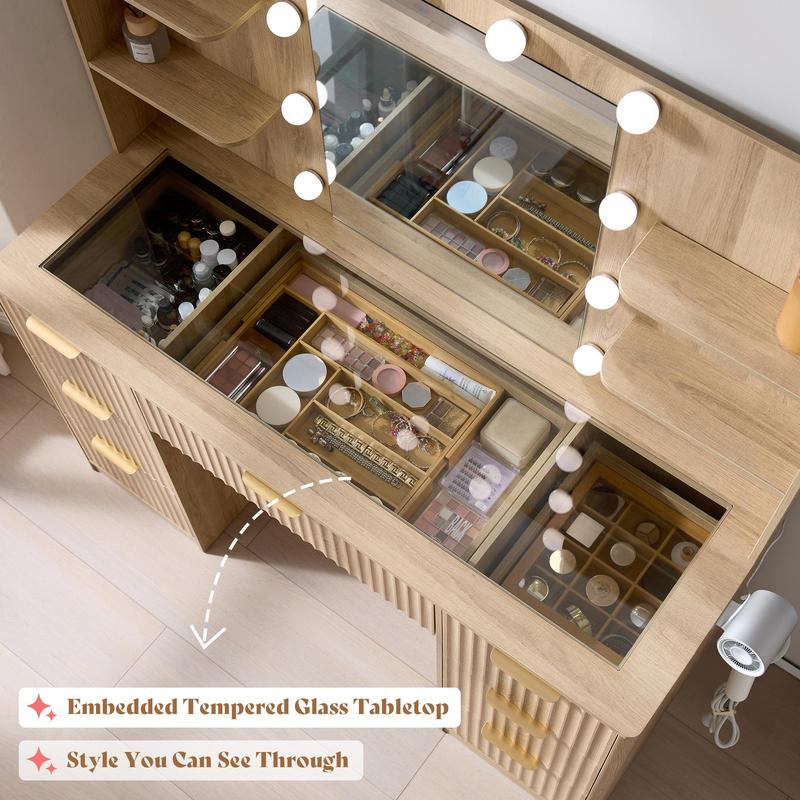 Amara Fluted Vanity Table with Hollywood Lights, Tempered Glass Top & 7 Drawers