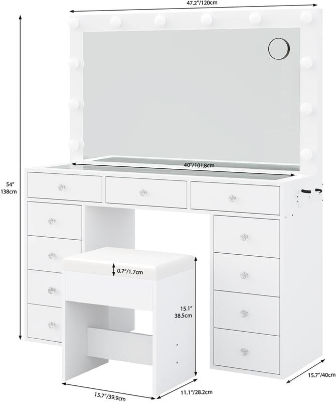47"W 11 Drawer Vanity Desk with Power Outlet