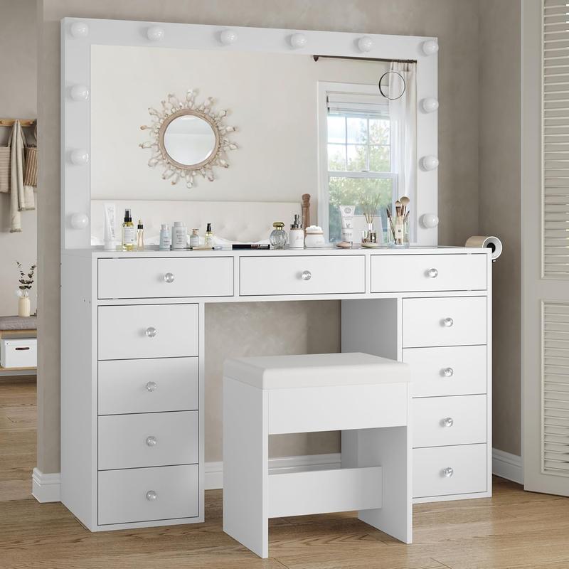 47"W 11 Drawer Vanity Desk with Power Outlet