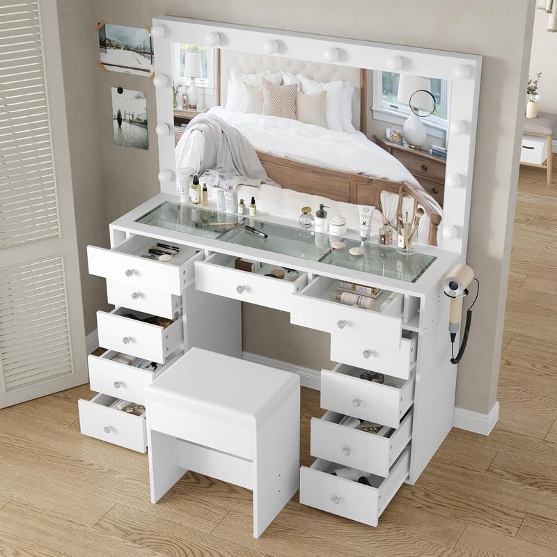 47"W 11 Drawer Vanity Desk with Power Outlet