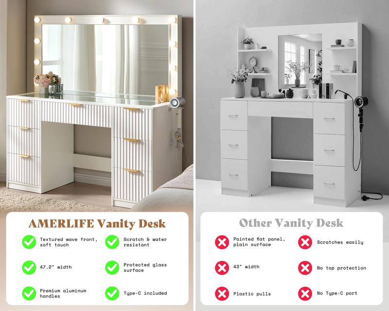 Amara Fluted Vanity Table with Hollywood Lights, Tempered Glass Top & 7 Drawers