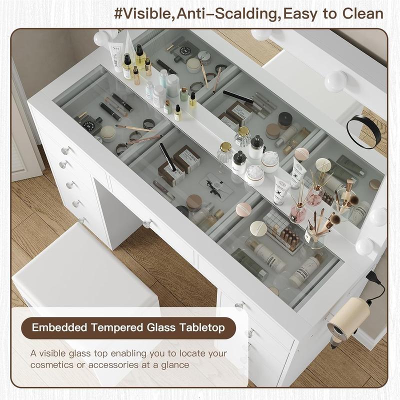 47"W 11 Drawer Vanity Desk with Power Outlet
