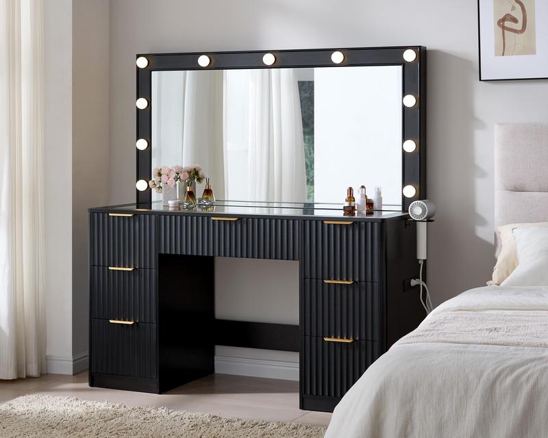 Amara Fluted Vanity Table with Hollywood Lights, Tempered Glass Top & 7 Drawers
