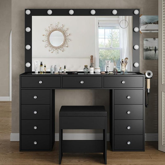 47"W 11 Drawer Vanity Desk with Power Outlet