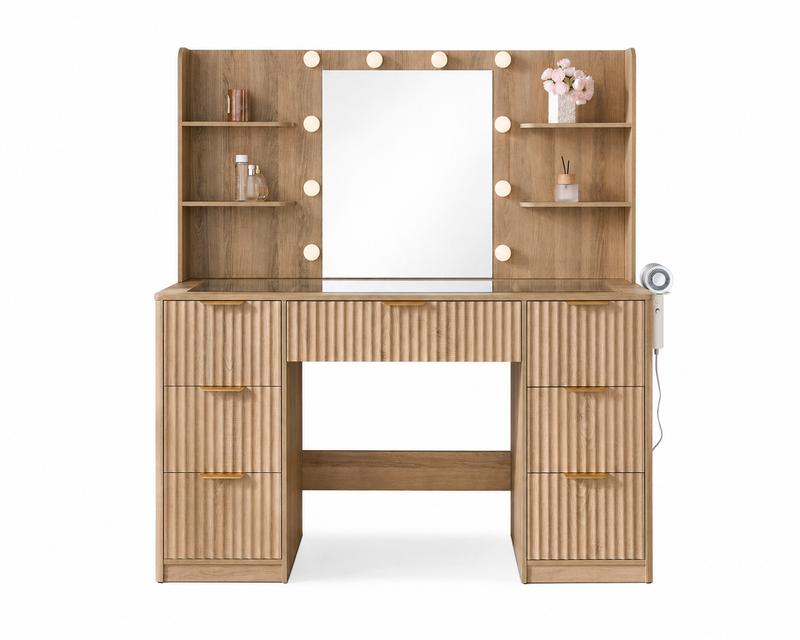 Amara Fluted Vanity Table with Hollywood Lights, Tempered Glass Top & 7 Drawers