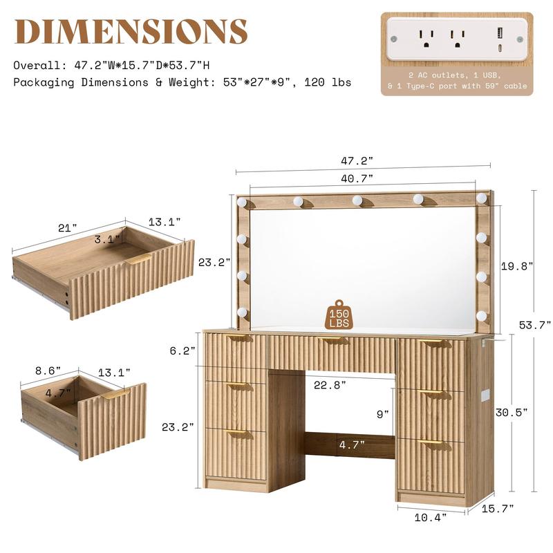 Amara Fluted Vanity Table with Hollywood Lights, Tempered Glass Top & 7 Drawers