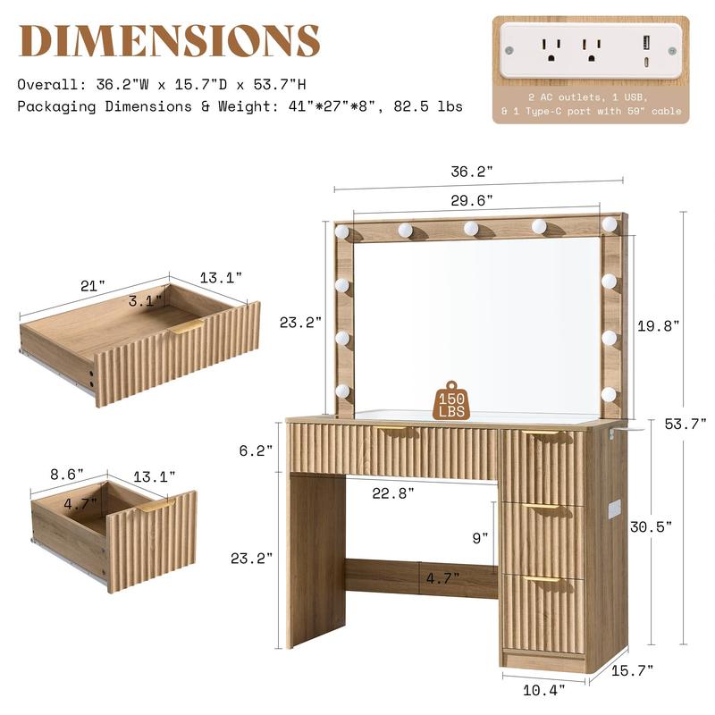 Amara Fluted Vanity Table with Hollywood Lights, Tempered Glass Top & 7 Drawers